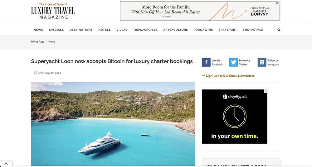 Loon accepts Bitcoin on Luxury Travel Magazine