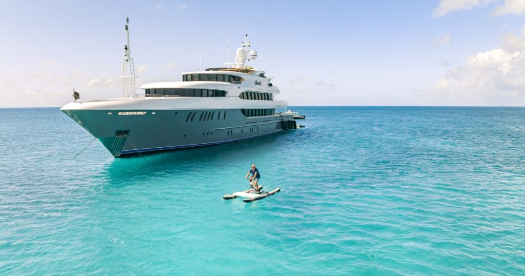 Motor Yacht Loon and Schiller Bike at Staniel Cay in the Bahamas