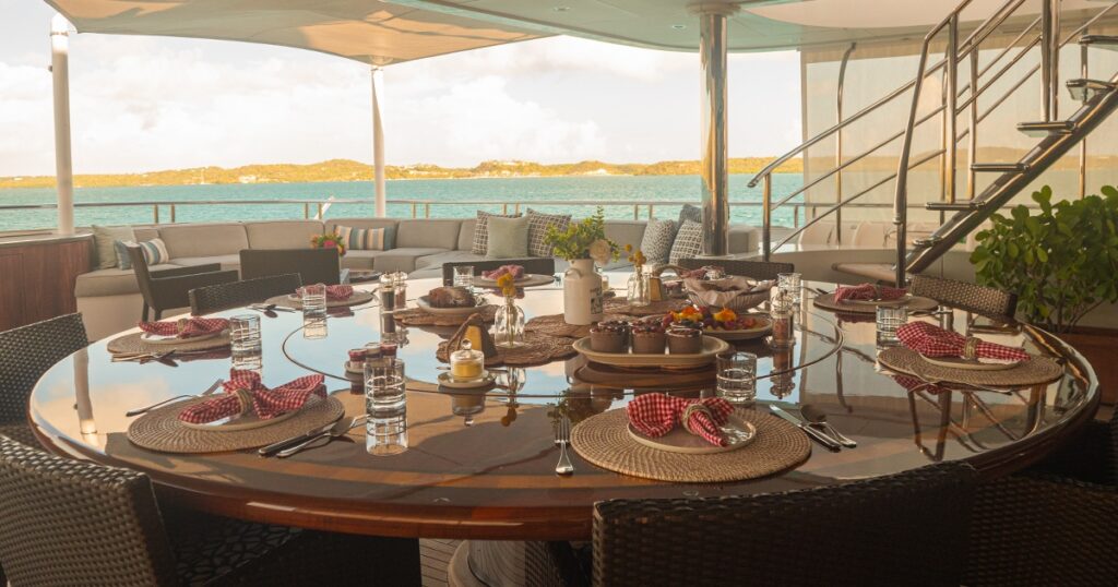 Alfresco breakfast ready for charter guests to enjoy on Motor Yacht Loon