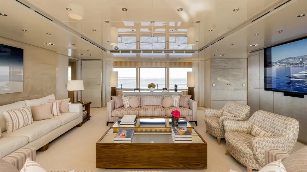 The main salon on luxury charter superyacht Loon