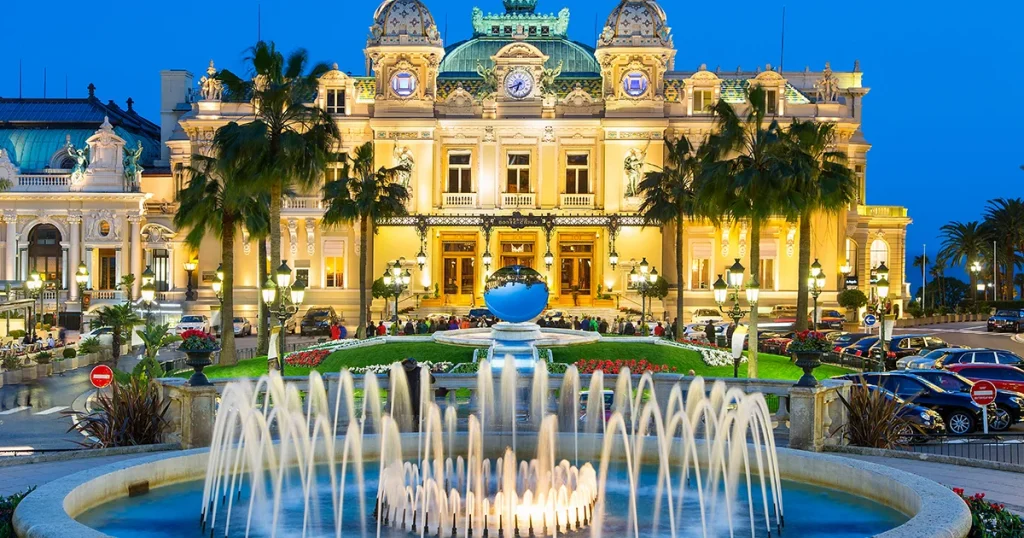 Monaco Casino at night visited by charter guests from Motor Yacht Loon