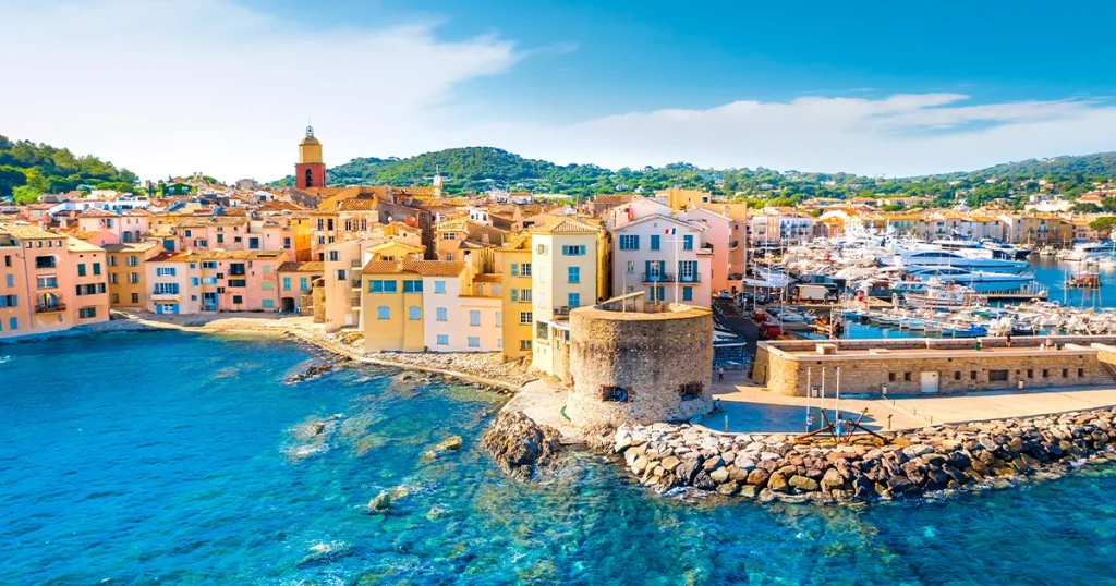 The iconic town of Saint Tropez visited by charter guests on vacation on Motor Yacht Loon