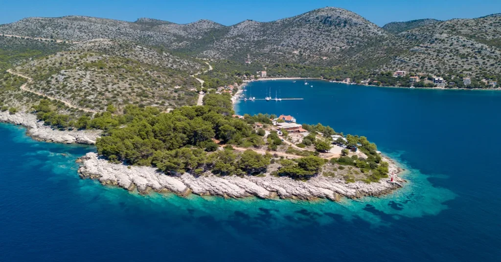 Aerial view of the azure sea around Lastovo in Croatia visited by Motor Yacht Loon