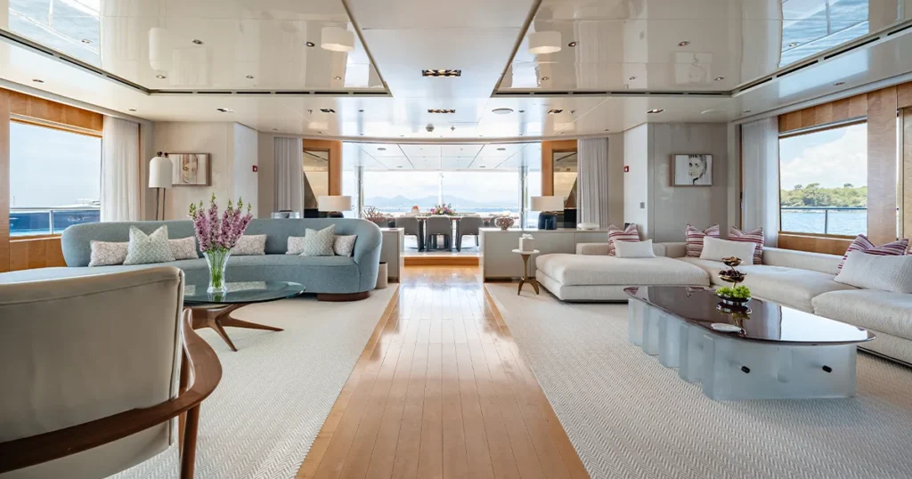 The family friendly main salon of charter superyacht Loon