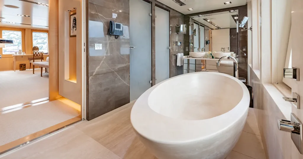 The three-ton stone bathtub in the master ensuite of superyacht Loon