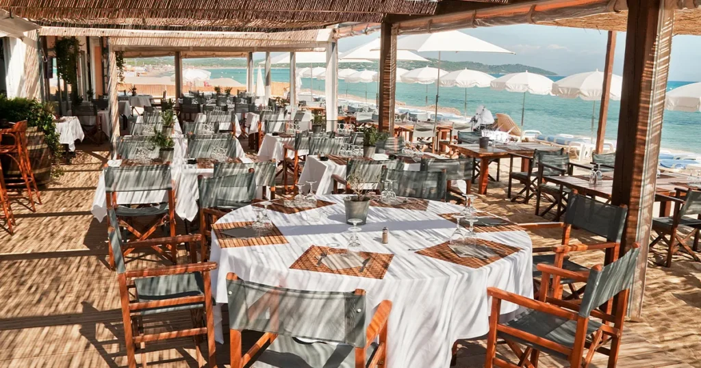 Seating in a beach club on the French Riviera visited by charter guests from Motor Yacht Loon