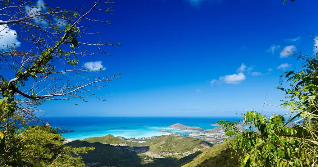 The coastline of the island of Antigua viewed from the hills